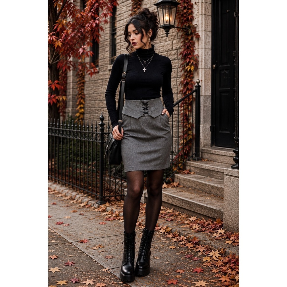 Gray Pinstripe Lace Up High Waist Pencil Skirt Sz 6 Dark Academia